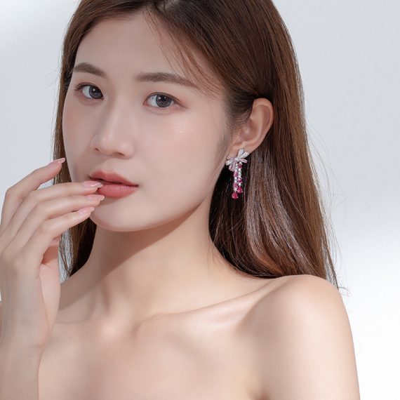 Romantic Bow Red Corundum Stud Earrings in 925 Silver Gold-Plated - Image 2