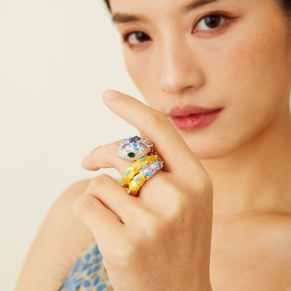 Double-Loop Gold-Plated Elastic Snake Statement Ring - Image 2