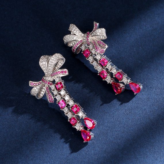 Romantic Bow Red Corundum Stud Earrings in 925 Silver Gold-Plated - Image 3