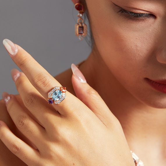 Elegant Simulated Aquamarine Gold-Plated Solitaire Ring - Image 2