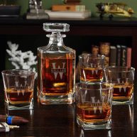 Oakmont Etched Whiskey Decanter Set with Square Rocks Glasses