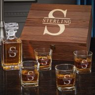 Personalized Whiskey Decanter Set with Stained Wood Box