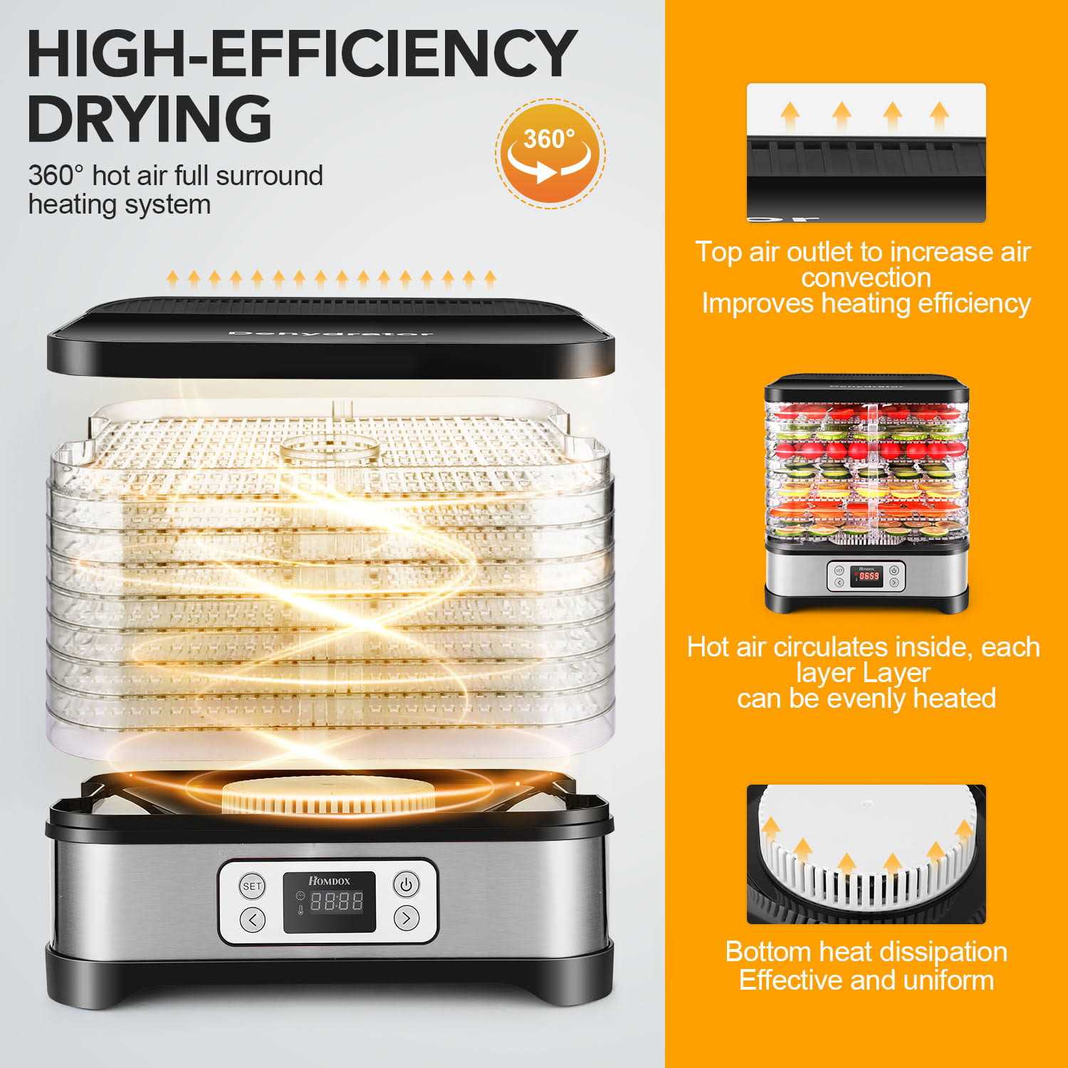 Qhomic Electric 400w 8 Trays Food Dehydrator Machine with Fruit Roll Sheet, Digital Timer, and Temperature Control for Meat or Beef Fruit Vegetable - Image 2