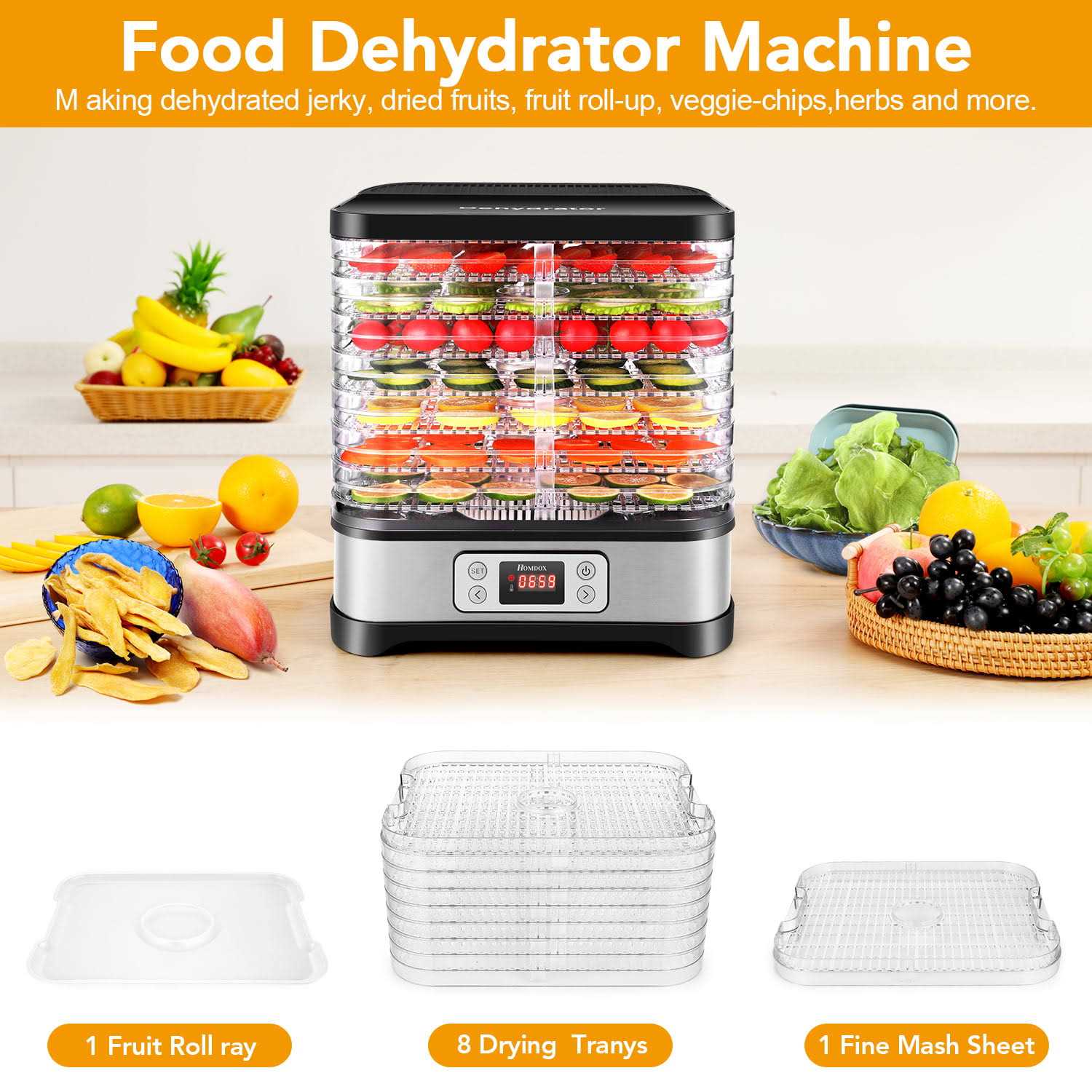 Qhomic Electric 400w 8 Trays Food Dehydrator Machine with Fruit Roll Sheet, Digital Timer, and Temperature Control for Meat or Beef Fruit Vegetable - Image 3