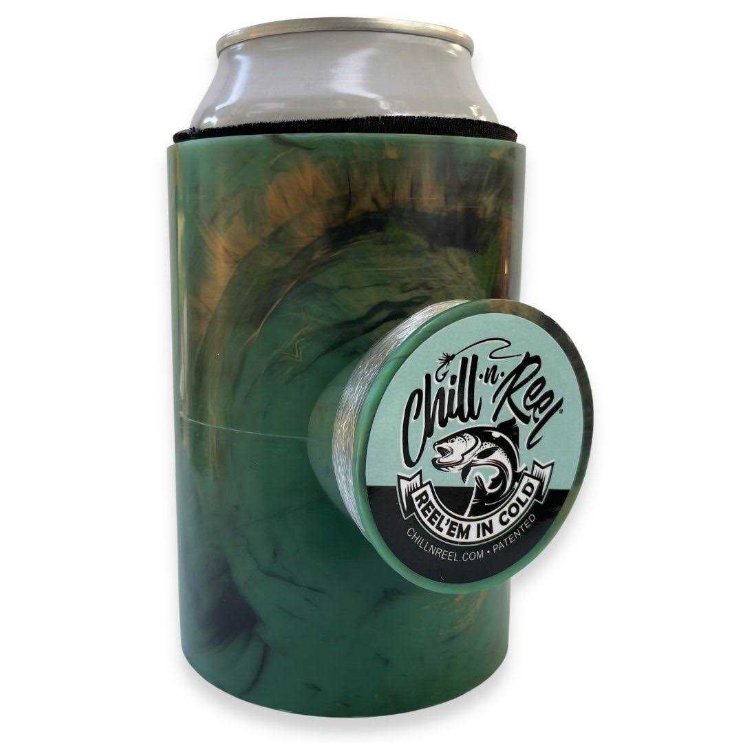 Chill-N-Reel Fishing Can Cooler Hard Shell Drink Holder with Hand Line Reel Attached