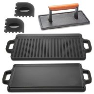 Cast Iron Griddle Plus Cast Iron Grill Press & Pan Scrapers Reversible Grill/Griddle for Stove top