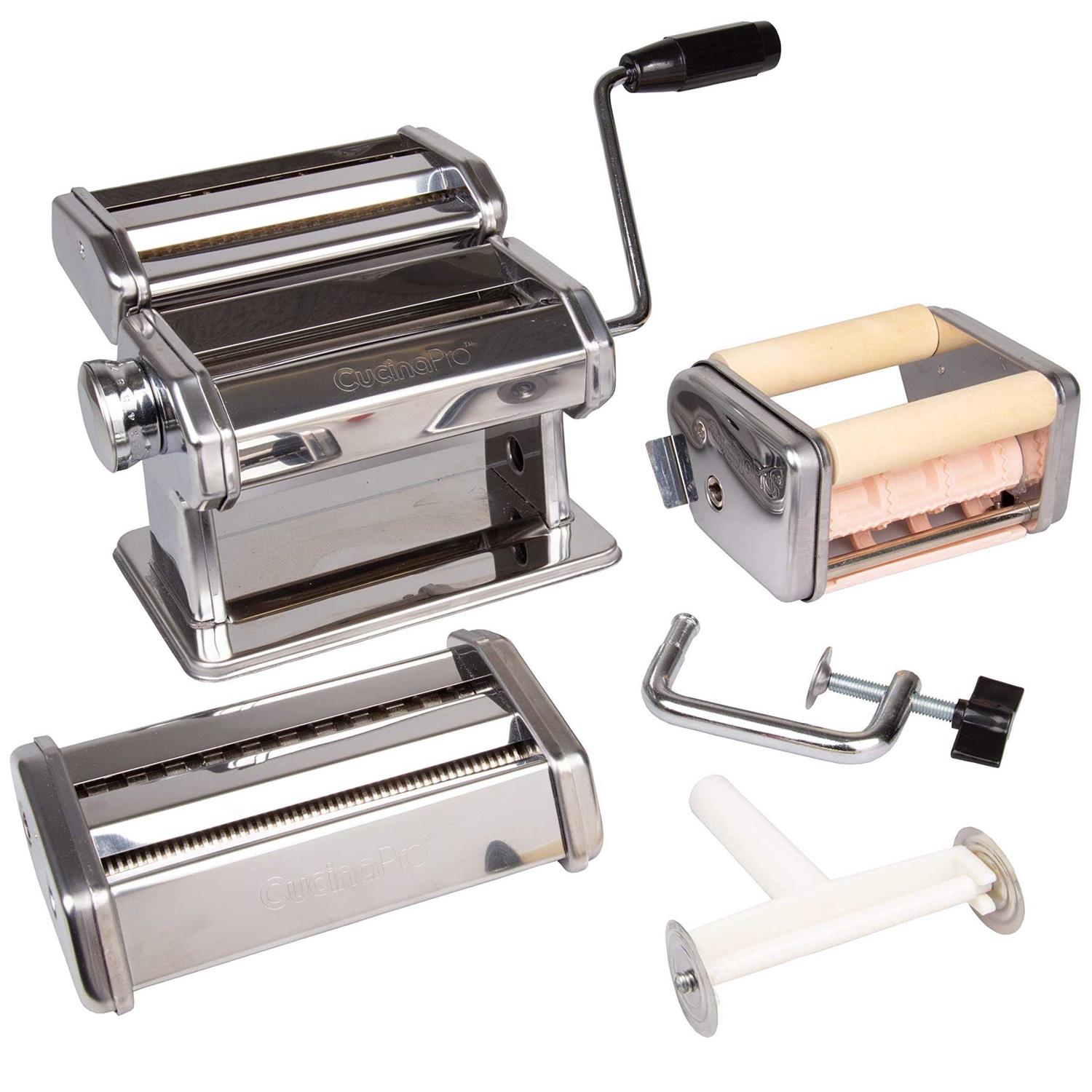 Pasta Maker Deluxe Set by Cucina Pro -Includes Spaghetti Fettucini Angel Hair Ravioli Lasagnette Attachments