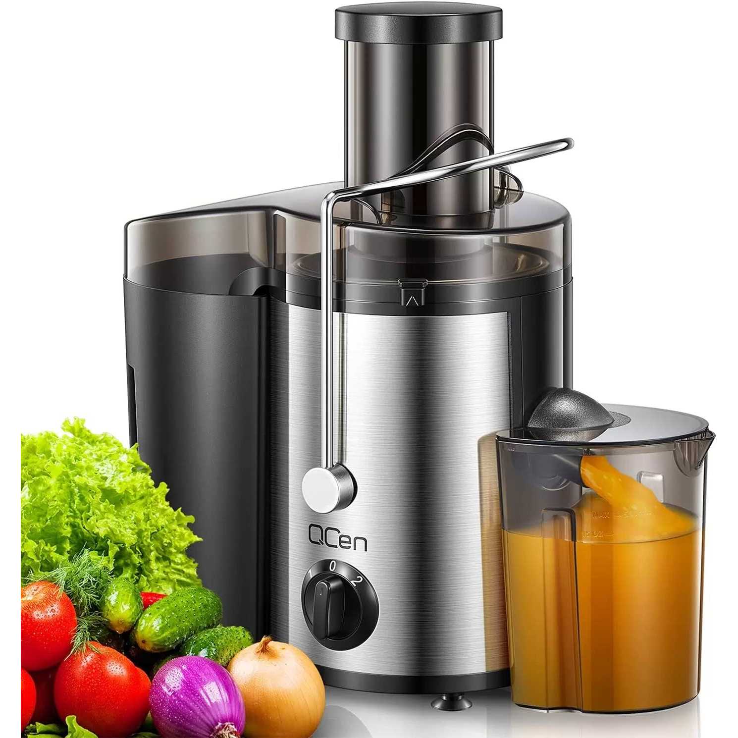 Qcen Juicer Machine 500W Centrifugal Juicer Extractor with Wide Mouth 3” Feed Chute for Fruit Vegetable
