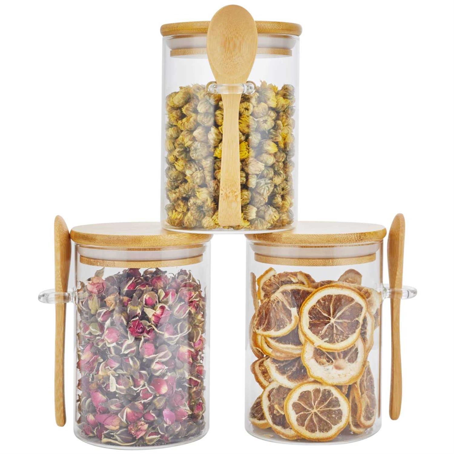 3 Pack Glass Containers Jars with Bamboo Airtight Lid and Spoon