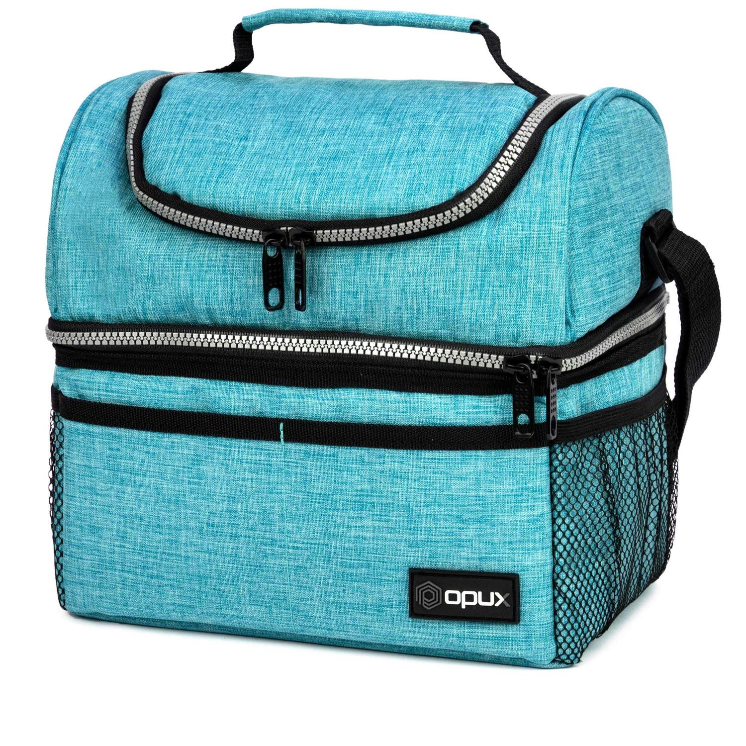 Opux Insulated Dual Compartment Lunch Bag for Men Women Double Deck Reusable Lunch Cooler with Shoulder Strap