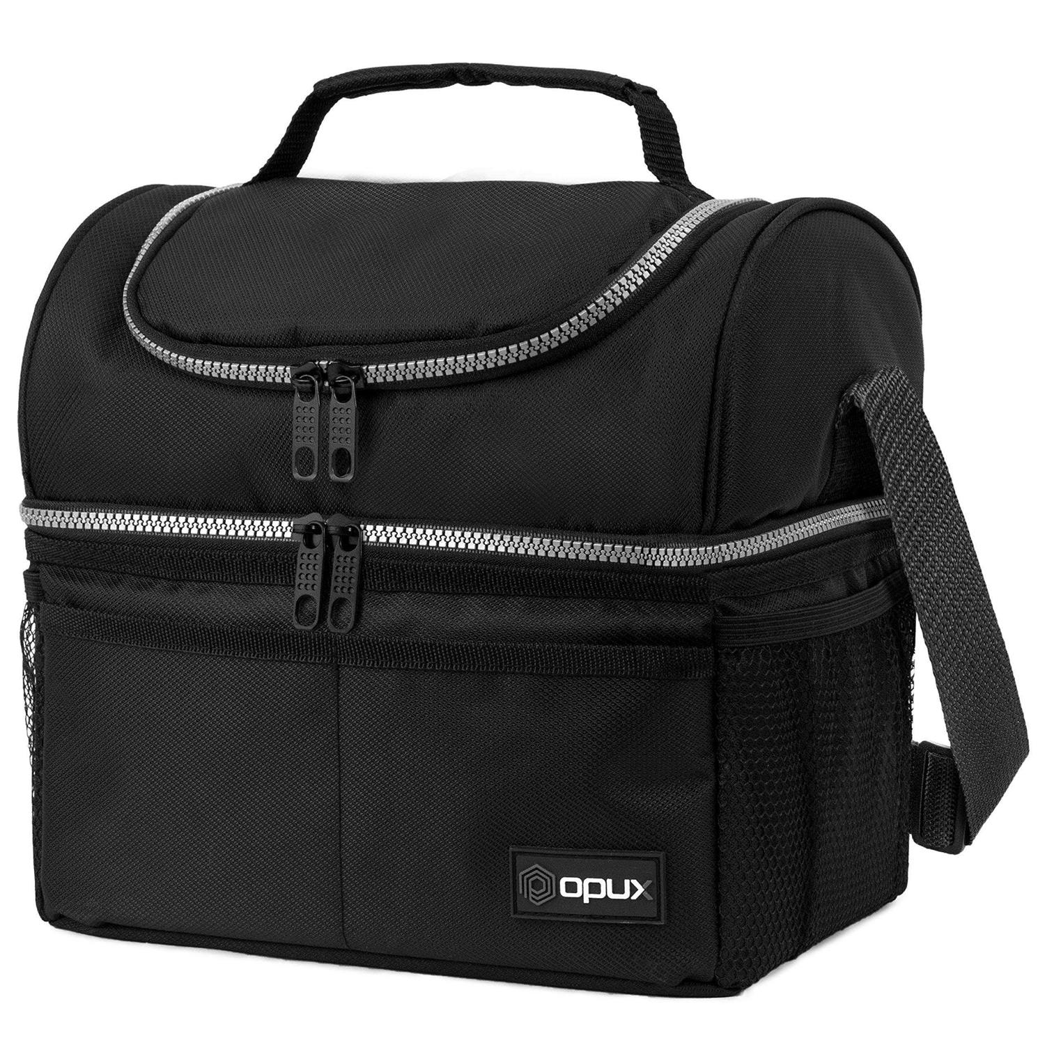 Opux Insulated Dual Compartment Lunch Bag for Men Women Double Deck Reusable Lunch Cooler with Shoulder Strap