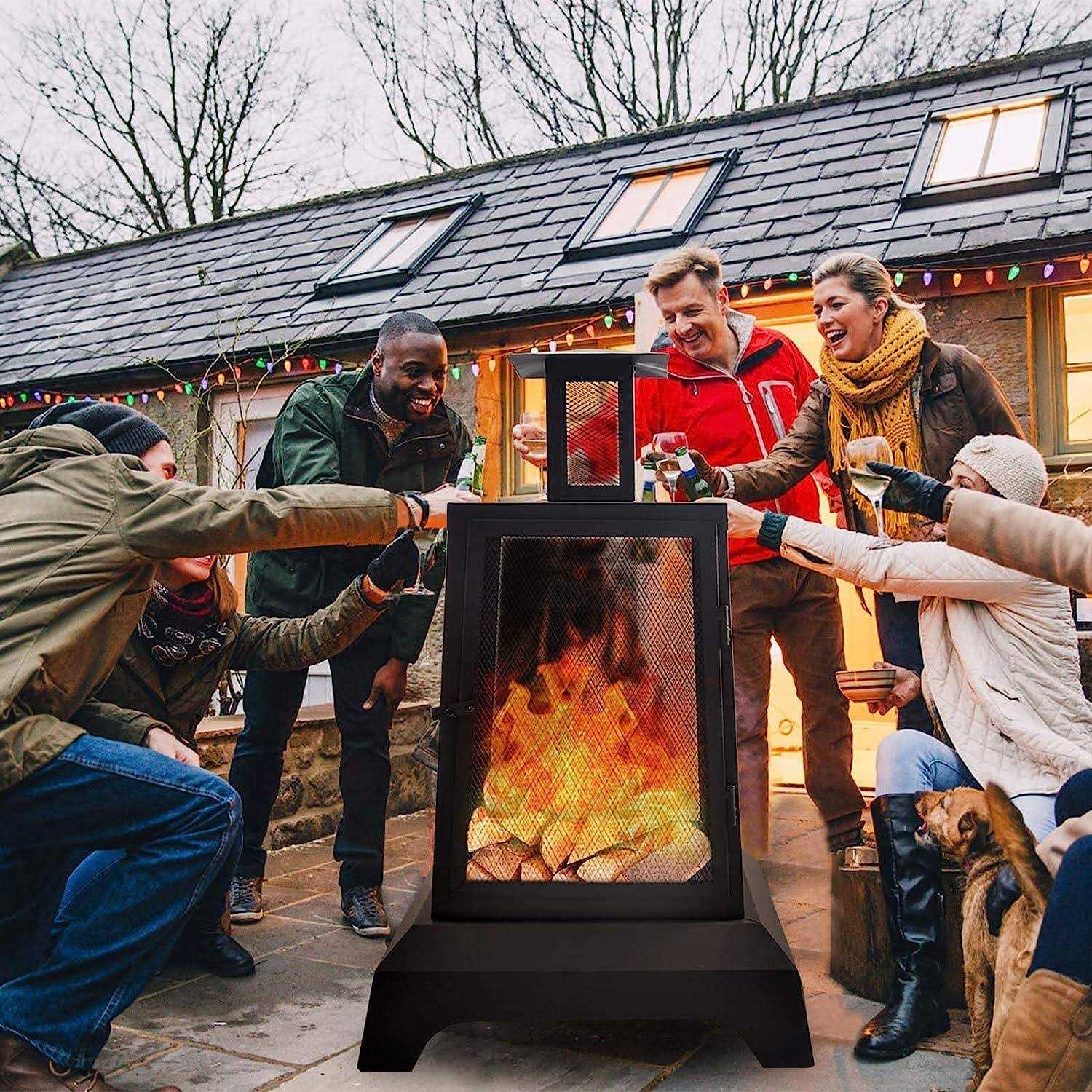 NSdirect Large Fire Pit Steel Wood Burning Outdoor Fireplace Tower 44 High Big Patio Firepits with Mesh Screen Cover - Image 5