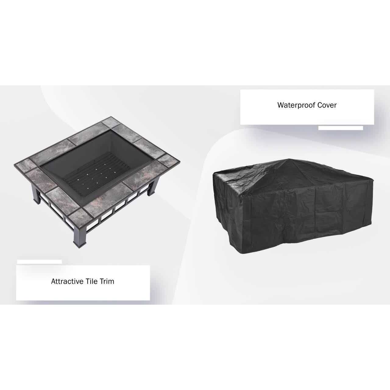 Pure Garden 37 in. Steel Rectangular Tile Fire Pit with Cover - Image 2