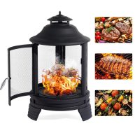 Aoxun Chiminea Fire Pit with Grill for Outdoor, 2 in 1 Fire Pit with Removable Grate, and Mesh Spark Screen Doors