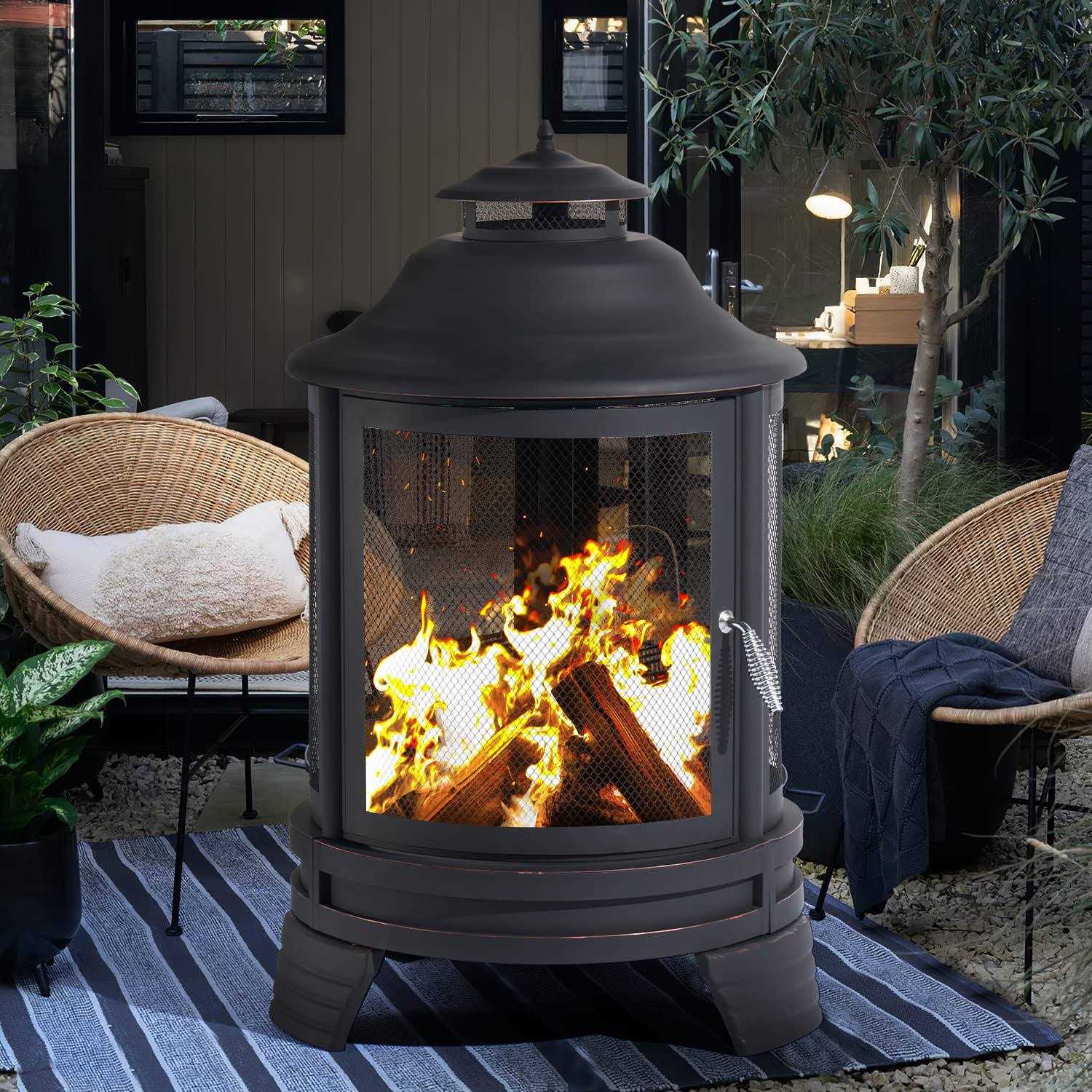 Aoxun Chiminea Fire Pit with Grill for Outdoor, 2 in 1 Fire Pit with Removable Grate, and Mesh Spark Screen Doors - Image 2