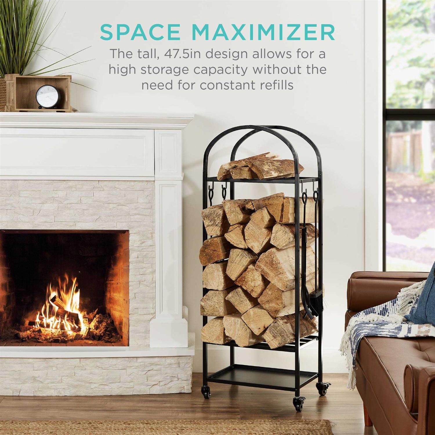 Best Choice Products 4ft 3-Tier Firewood Log Rack Vertical Wrought Iron Holder for Home w/ 4-Piece Tool Set - Image 2