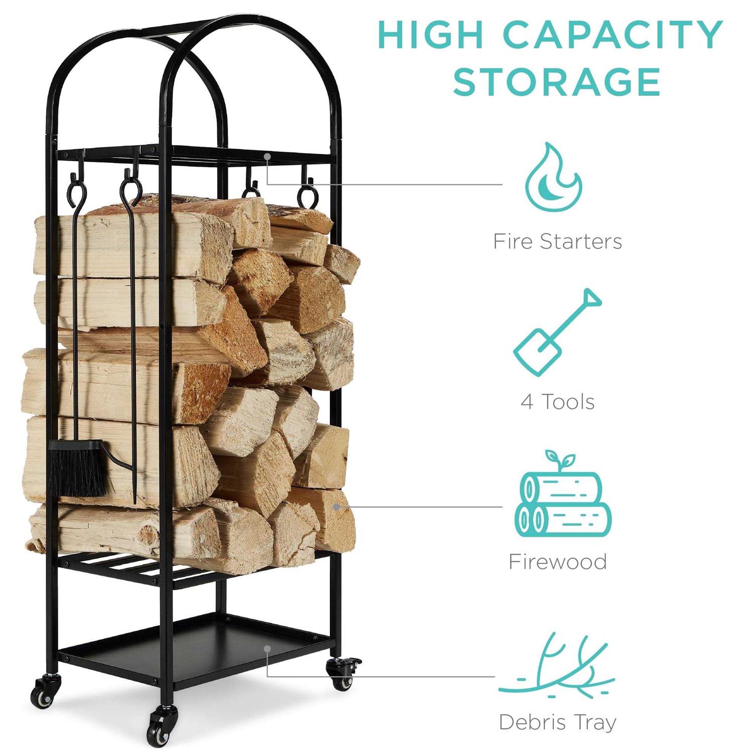 Best Choice Products 4ft 3-Tier Firewood Log Rack Vertical Wrought Iron Holder for Home w/ 4-Piece Tool Set - Image 5