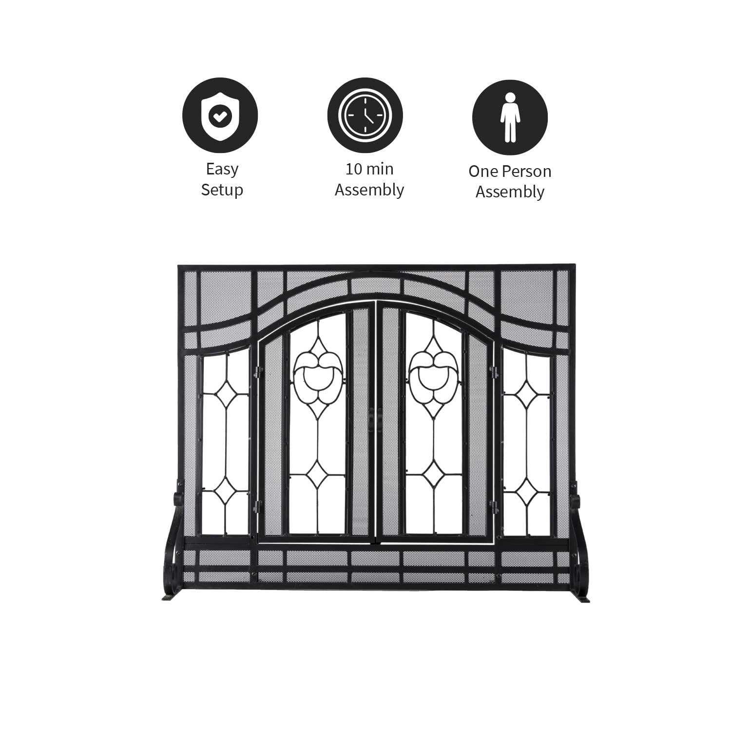 Plow & Hearth Two-Door Fireplace Screen with Glass Floral Panels - Image 3