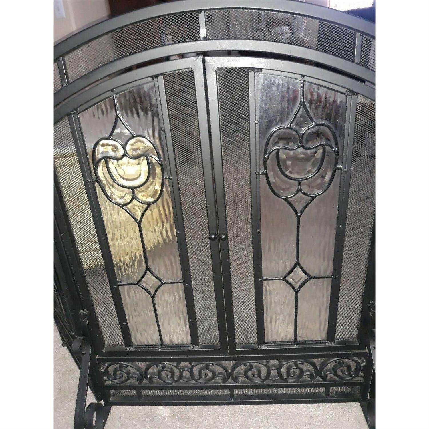 Plow & Hearth Two-Door Fireplace Screen with Glass Floral Panels - Image 4