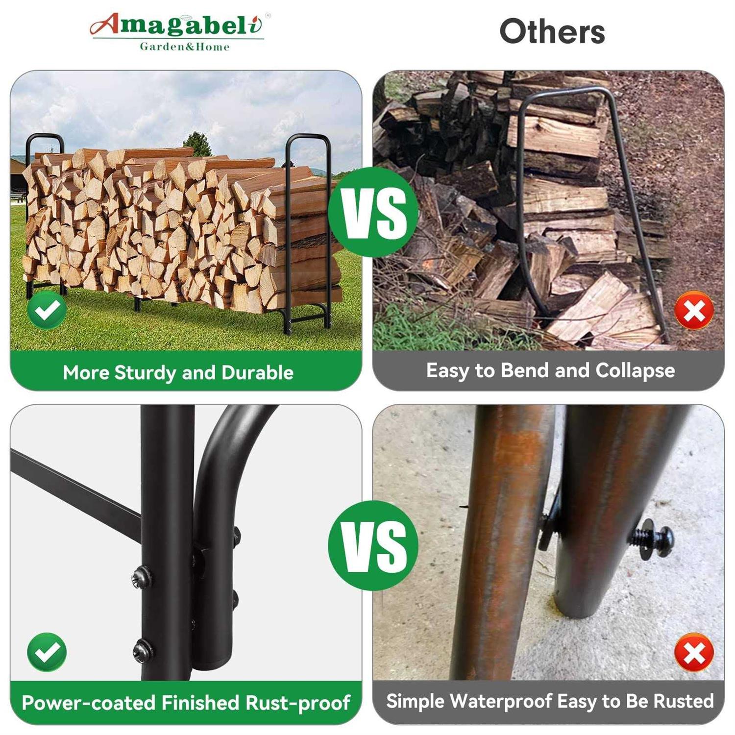 Amagabeli Garden Home 8ft Firewood Log Rack With Cover Combo Set Waterproof Outdoor Log Holder Fireplace Heavy Duty Wood Stacker Patio Pit Storage - Image 4