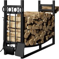 Amagabeli Large Firewood Rack With Fireplace Tools Set 33.5 Inch Wood Rack Wrought Iron Indoor Outdoor Kindling Log Holder Heavy Duty Wide Wood