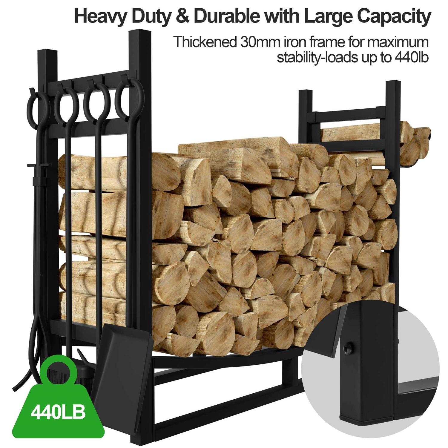 Amagabeli Large Firewood Rack With Fireplace Tools Set 33.5 Inch Wood Rack Wrought Iron Indoor Outdoor Kindling Log Holder Heavy Duty Wide Wood - Image 4