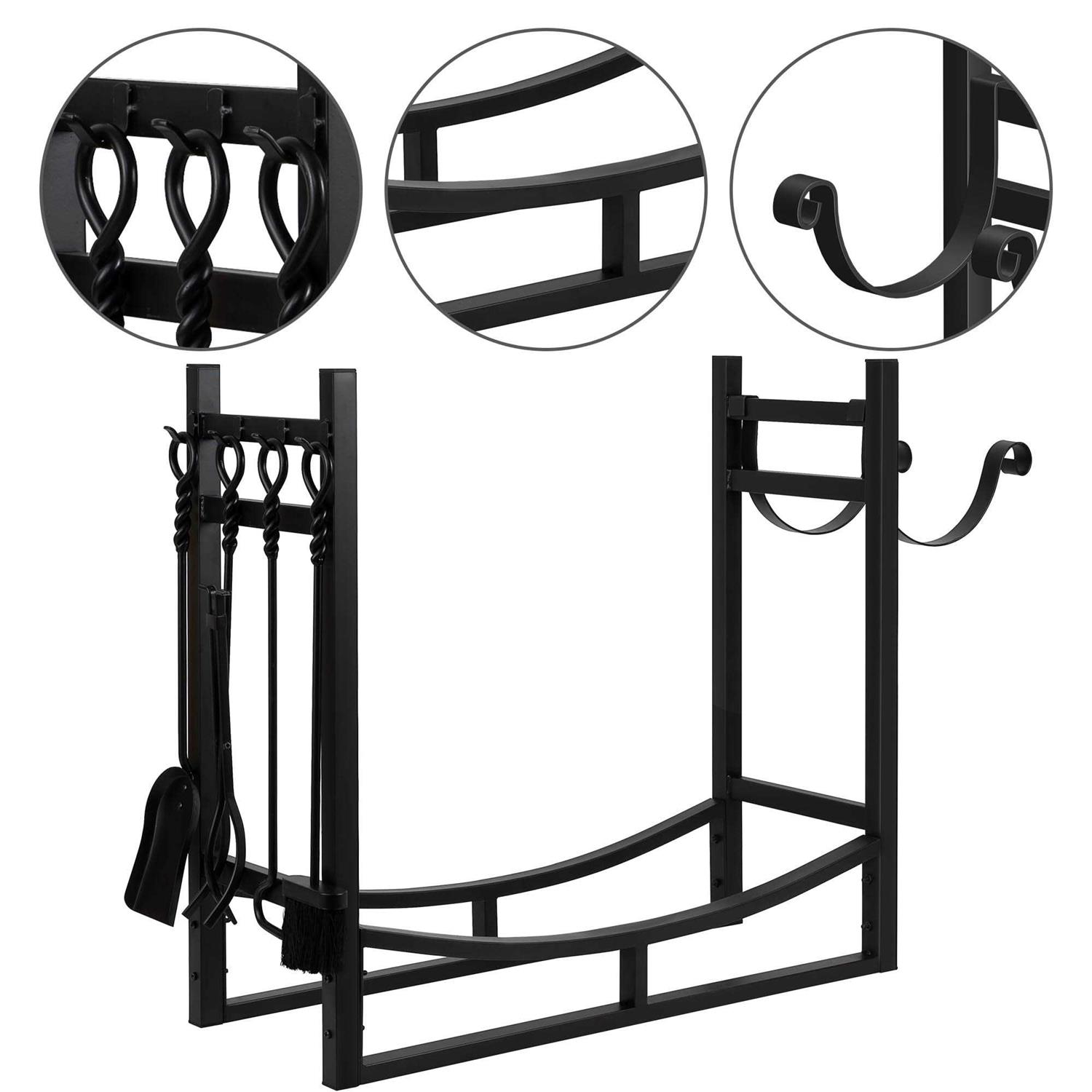 Amagabeli Large Firewood Rack With Fireplace Tools Set 33.5 Inch Wood Rack Wrought Iron Indoor Outdoor Kindling Log Holder Heavy Duty Wide Wood - Image 5