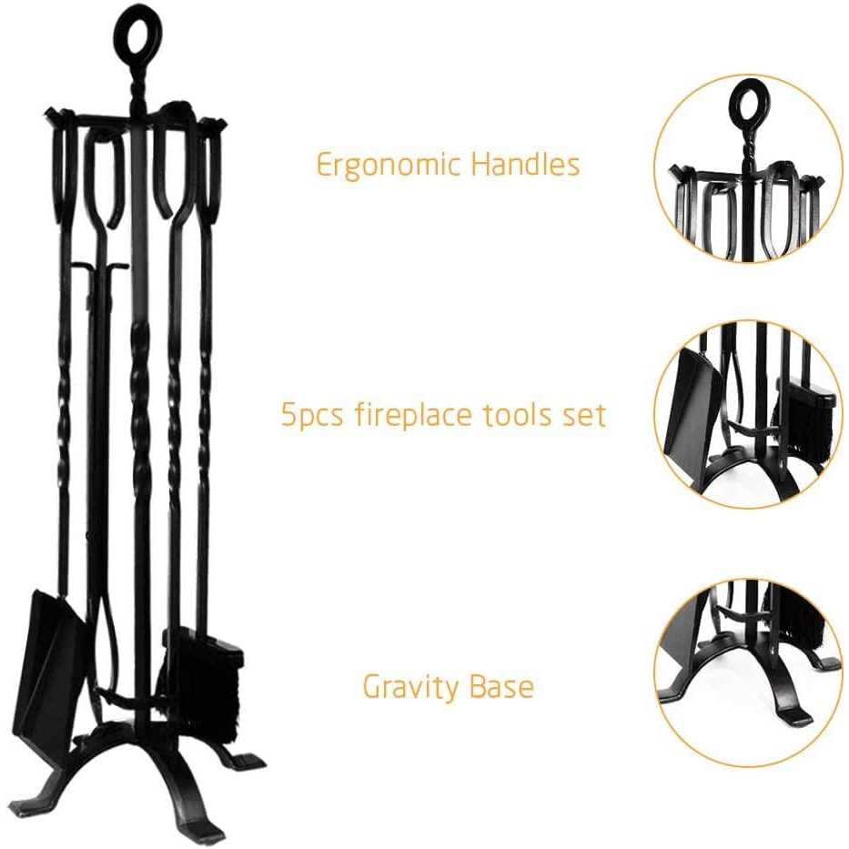 Amagabeli 5 Pieces Fireplace Tools Set Indoor Wrought Iron Fire Pit Tongs Holder - Image 2