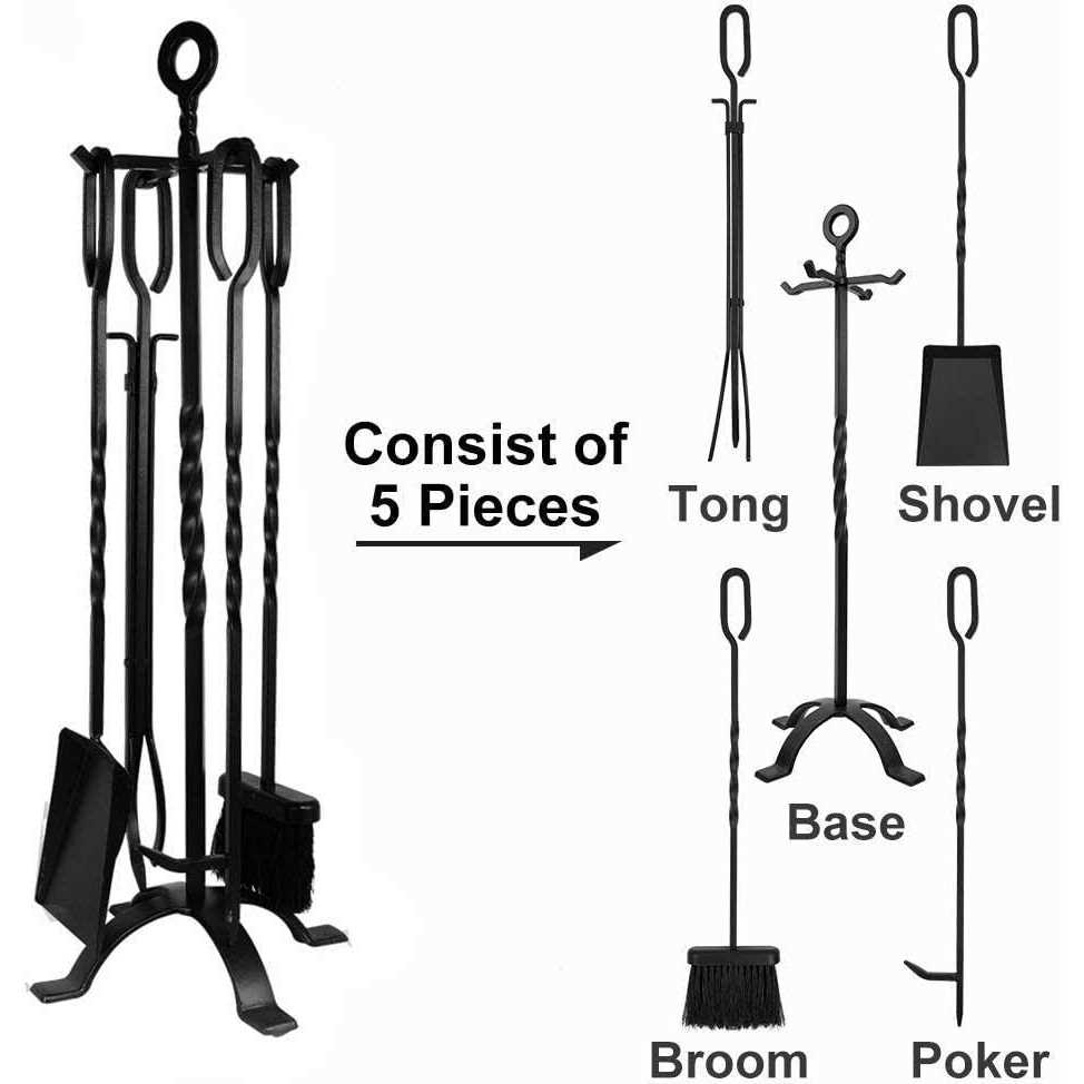 Amagabeli 5 Pieces Fireplace Tools Set Indoor Wrought Iron Fire Pit Tongs Holder - Image 3
