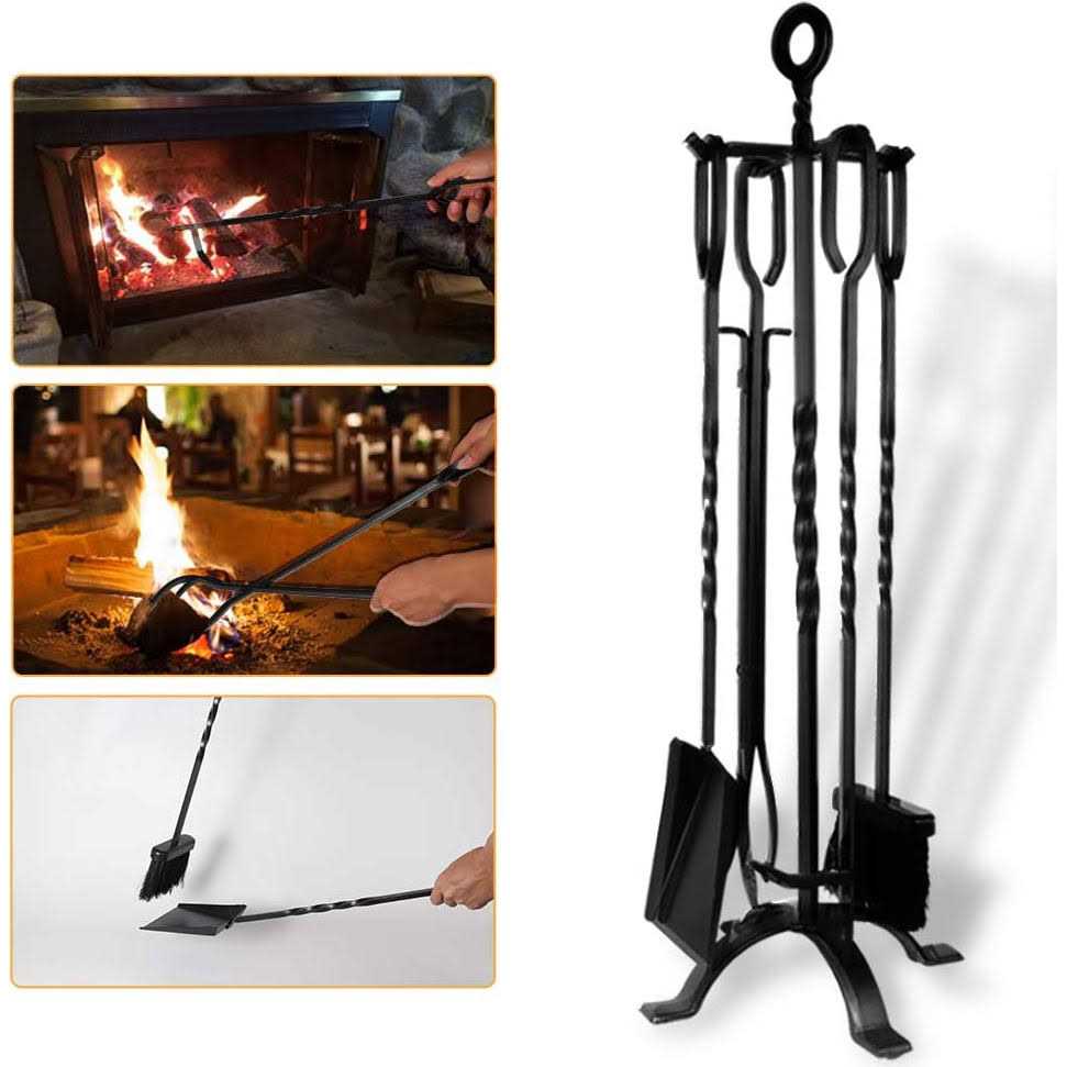 Amagabeli 5 Pieces Fireplace Tools Set Indoor Wrought Iron Fire Pit Tongs Holder - Image 5