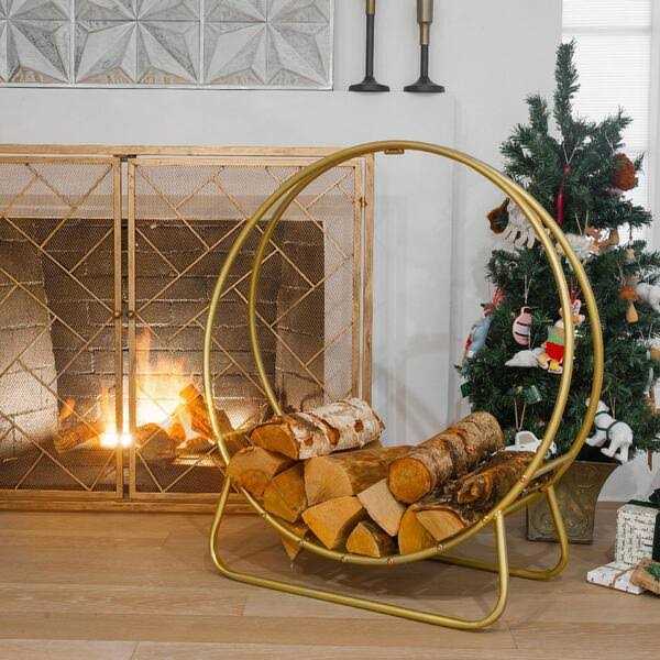 Barton 30 in. Heavy-Duty Log Hoop Firewood Rack Fireplace Wood Storage Holder Gold - Image 4