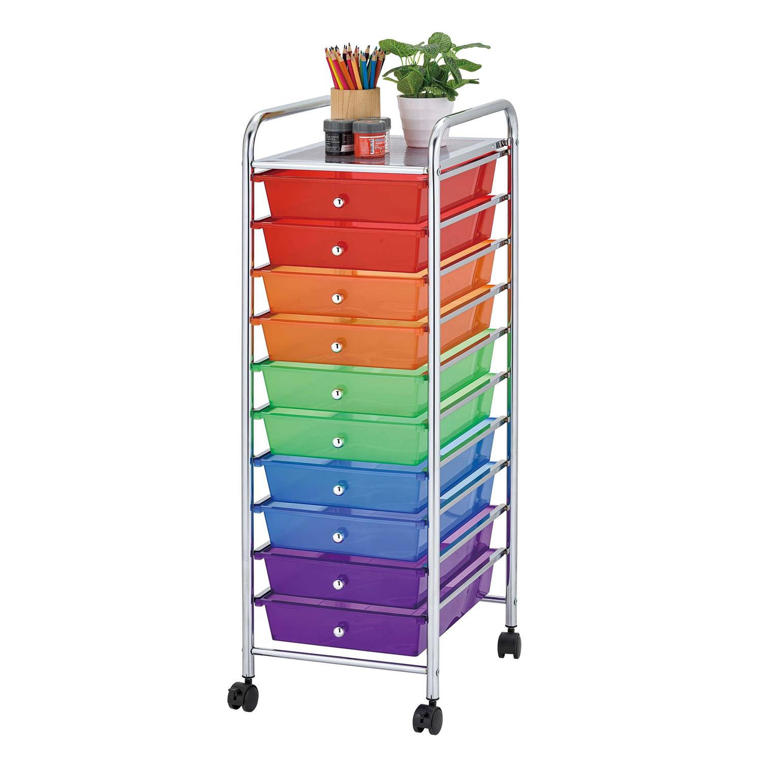 10 Rainbow Color Plastic Drawer Metal Craft Storage Rolling Cart W/ 2 Locking And 2 Regular Wheels