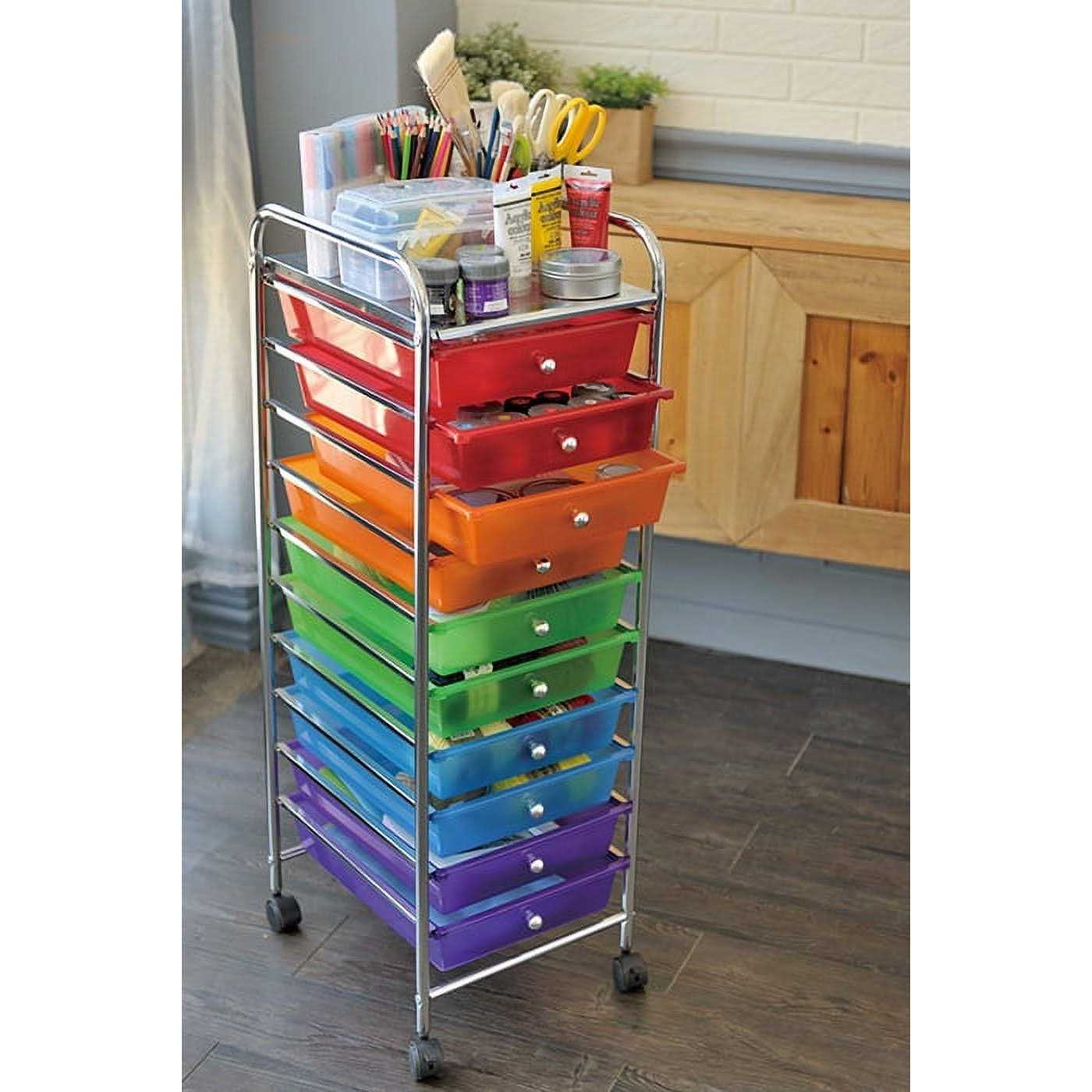 10 Rainbow Color Plastic Drawer Metal Craft Storage Rolling Cart W/ 2 Locking And 2 Regular Wheels - Image 3