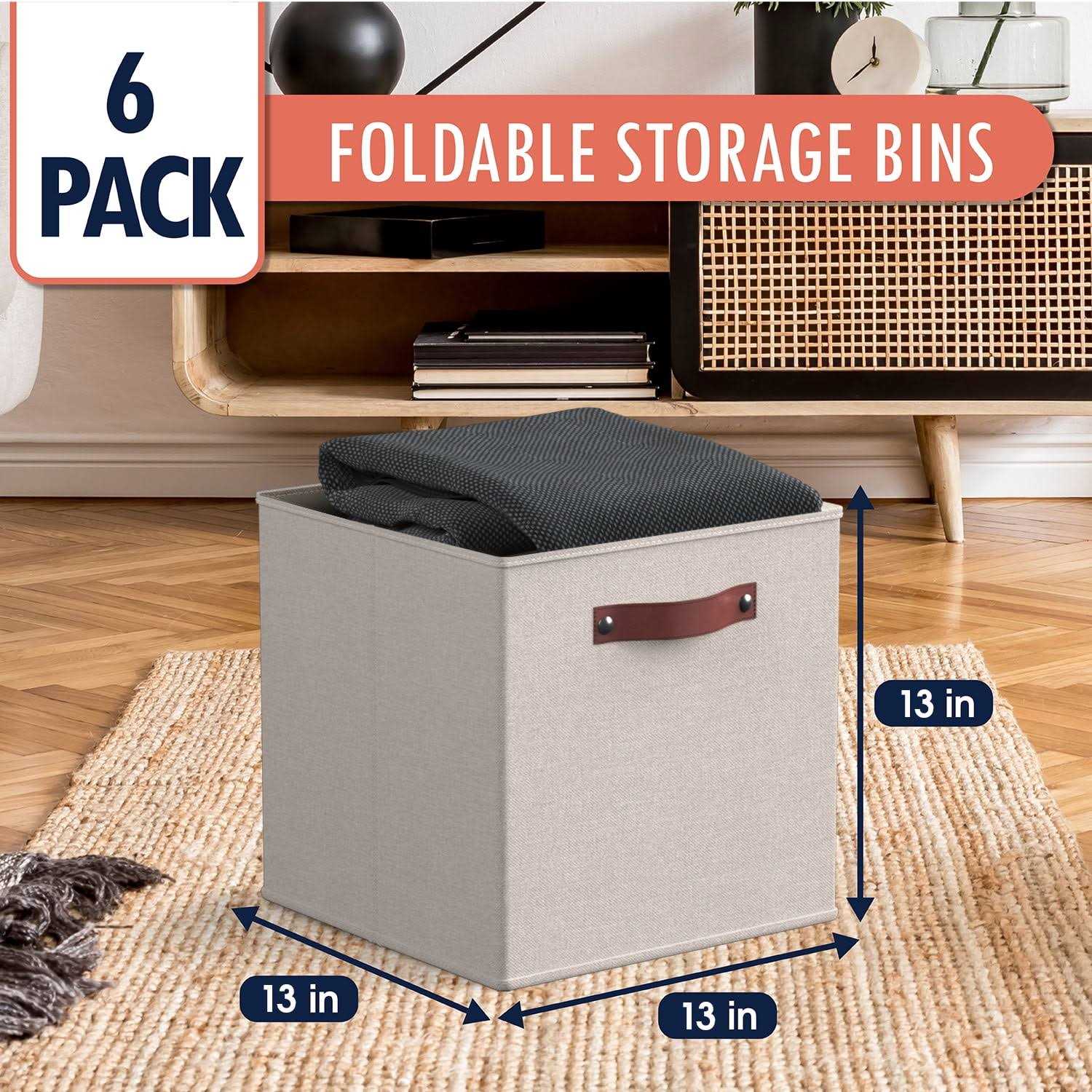 Ornavo Home Foldable Linen Storage Cube Bin with Leather Handles - Image 4