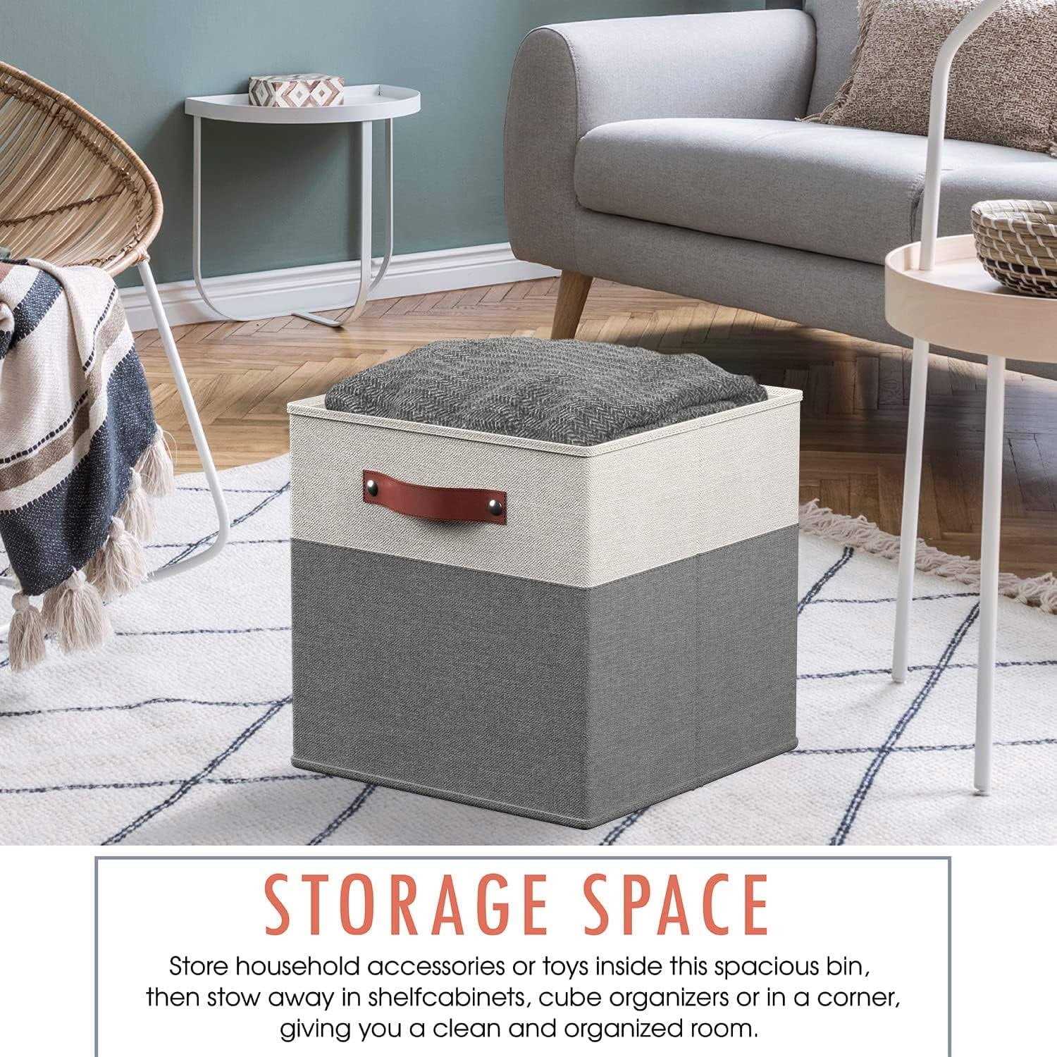 Ornavo Home Foldable Linen Storage Cube Bin with Leather Handles - Image 2