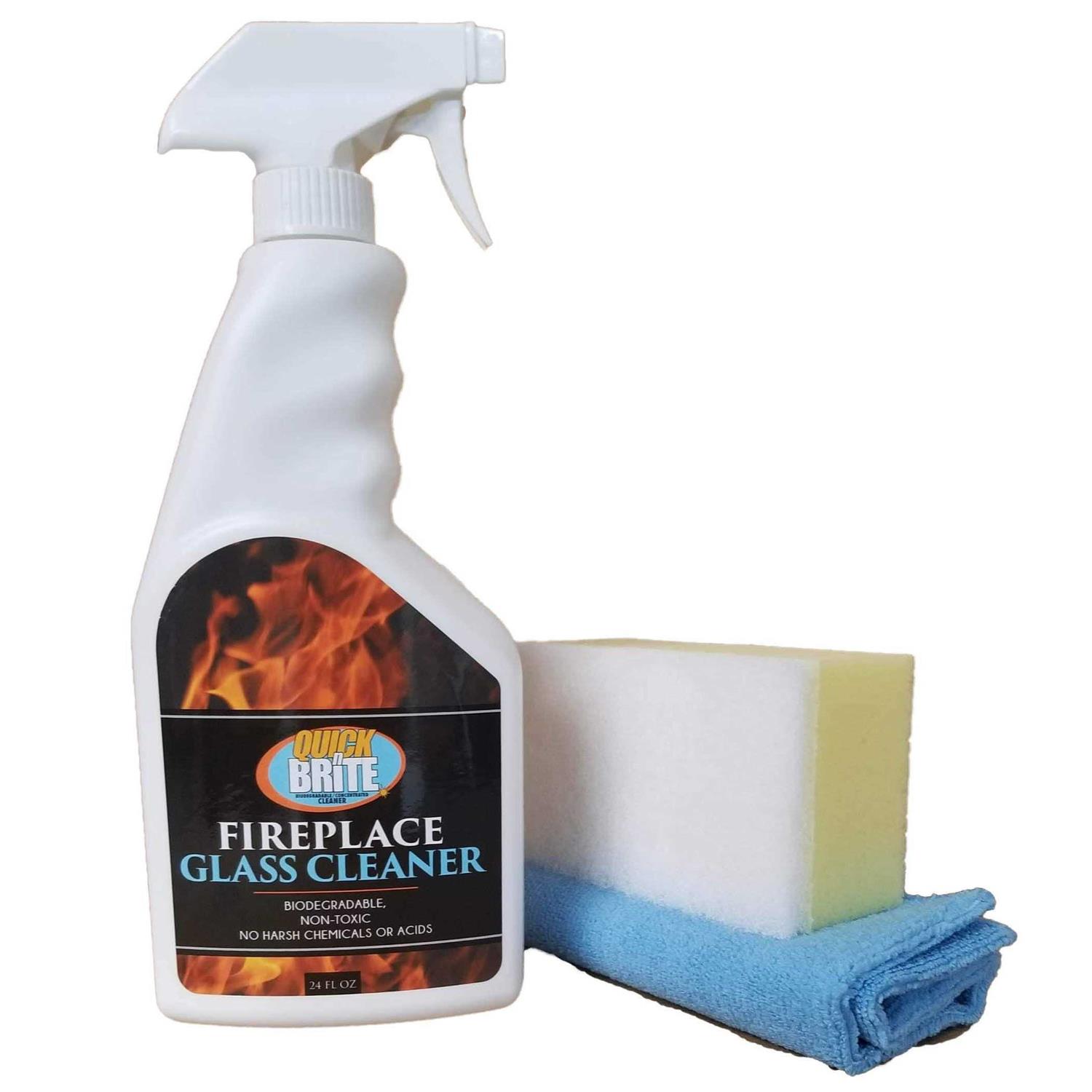 Quick N Brite Fireplace Glass Cleaner with Cloth, Sponge, and Spray