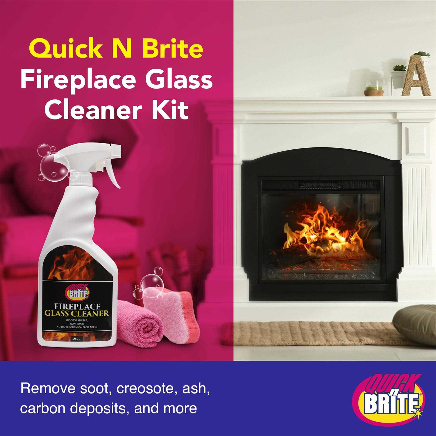 Quick N Brite Fireplace Glass Cleaner with Cloth, Sponge, and Spray - Image 3