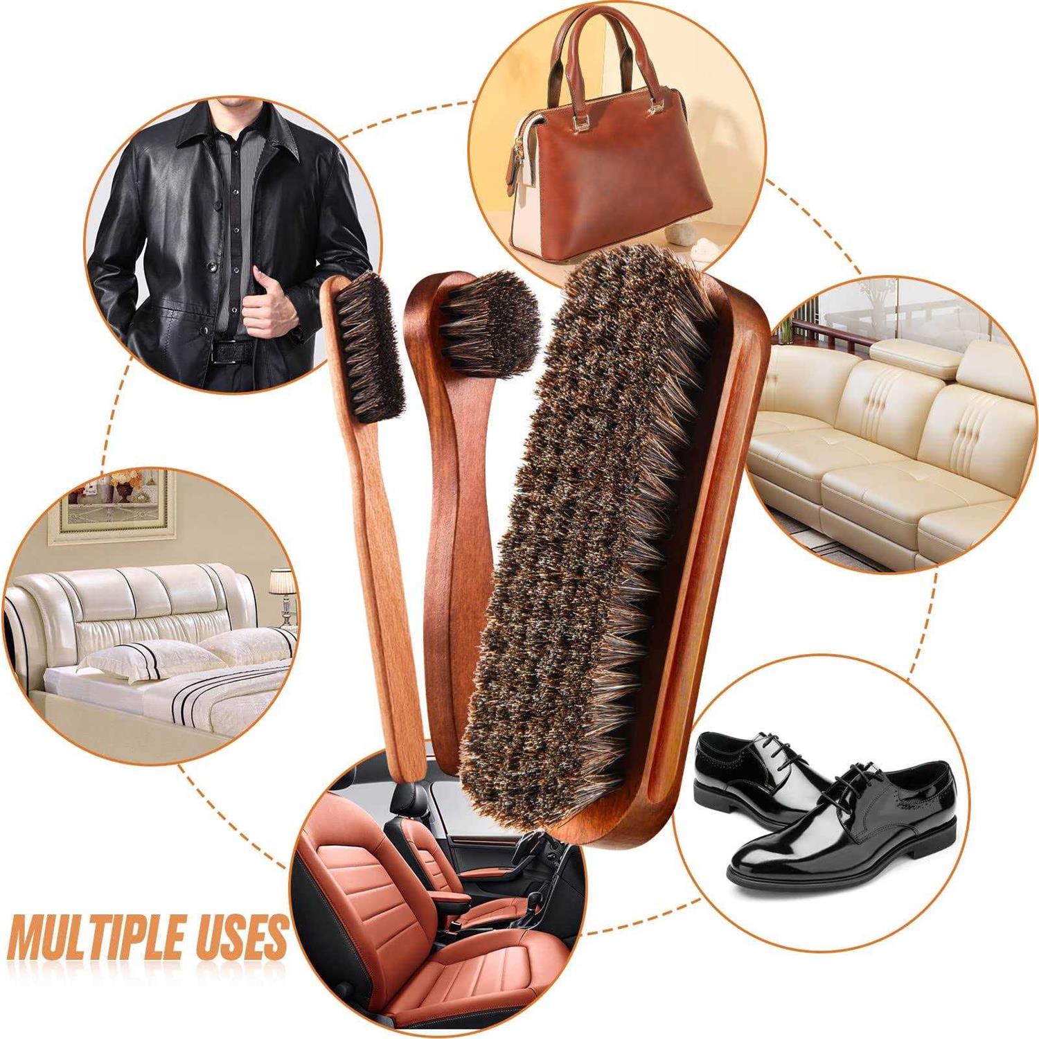 4 Pcs Horsehair Shine Shoes Brush Kit Polish Dauber Applicators Cleaning Leather Shoes Boots Care Brushes Suede Cleaner Brush with Microfiber Shoe - Image 2