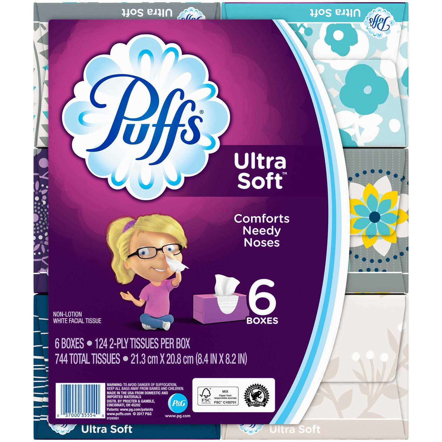 Puffs Ultra Soft & Strong 2-Ply Facial Tissues – 6 boxes, 124 count each