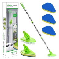 3 in 1 Scrub Cleaning Brush with Long Handle 37&”, Floor Scrubber Brush Set with 1 Stiff Bristles and 3 Sponge Brush for Cleaning Bathtub Shower