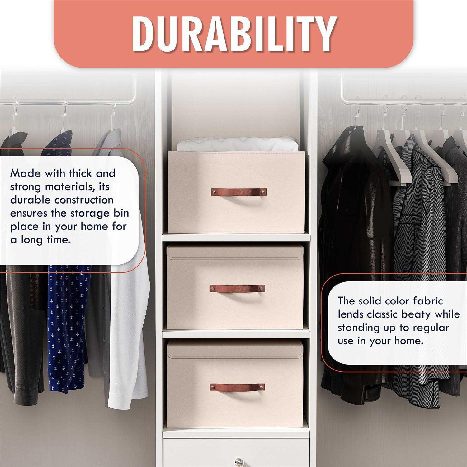 Ornavo Home Foldable Linen Large Storage Bin with Leather Handles and Lid - Image 3