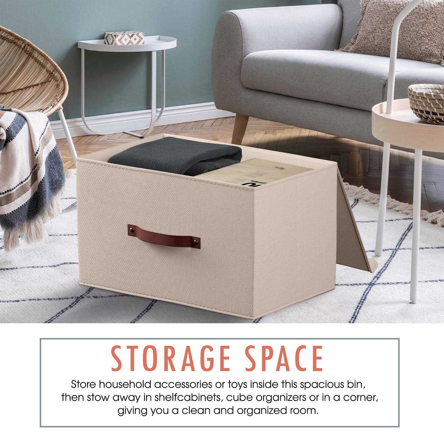 Ornavo Home Foldable Linen Large Storage Bin with Leather Handles and Lid - Image 5
