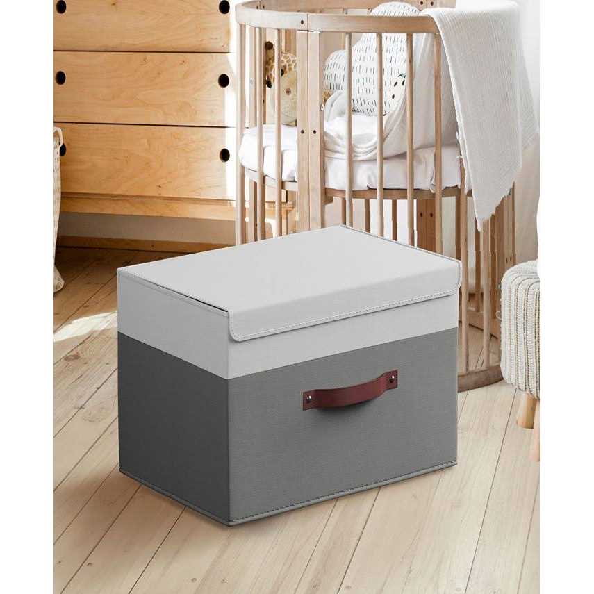 Ornavo Home Foldable Linen Large Storage Bin with Leather Handles and Lid - Image 5