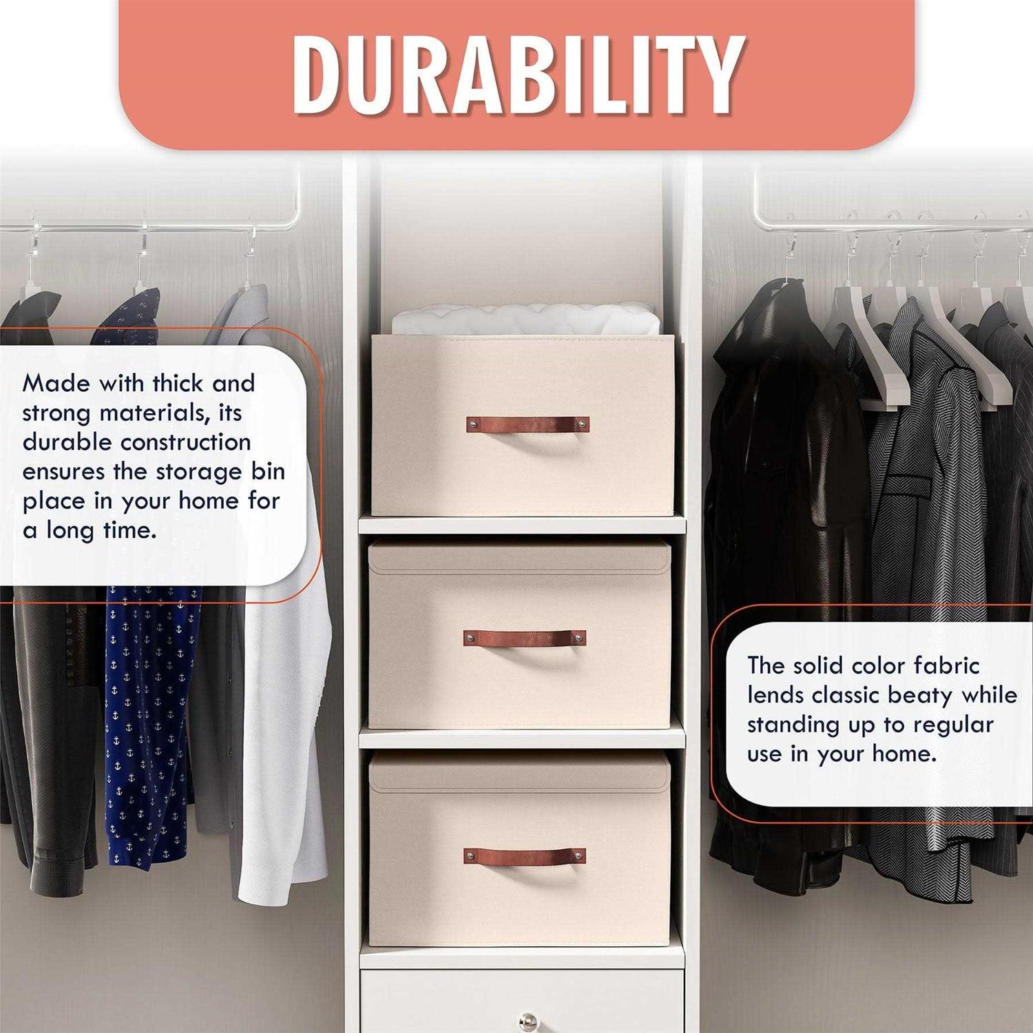 Ornavo Home Foldable Linen Large Storage Bin with Leather Handles and Lid - Image 2