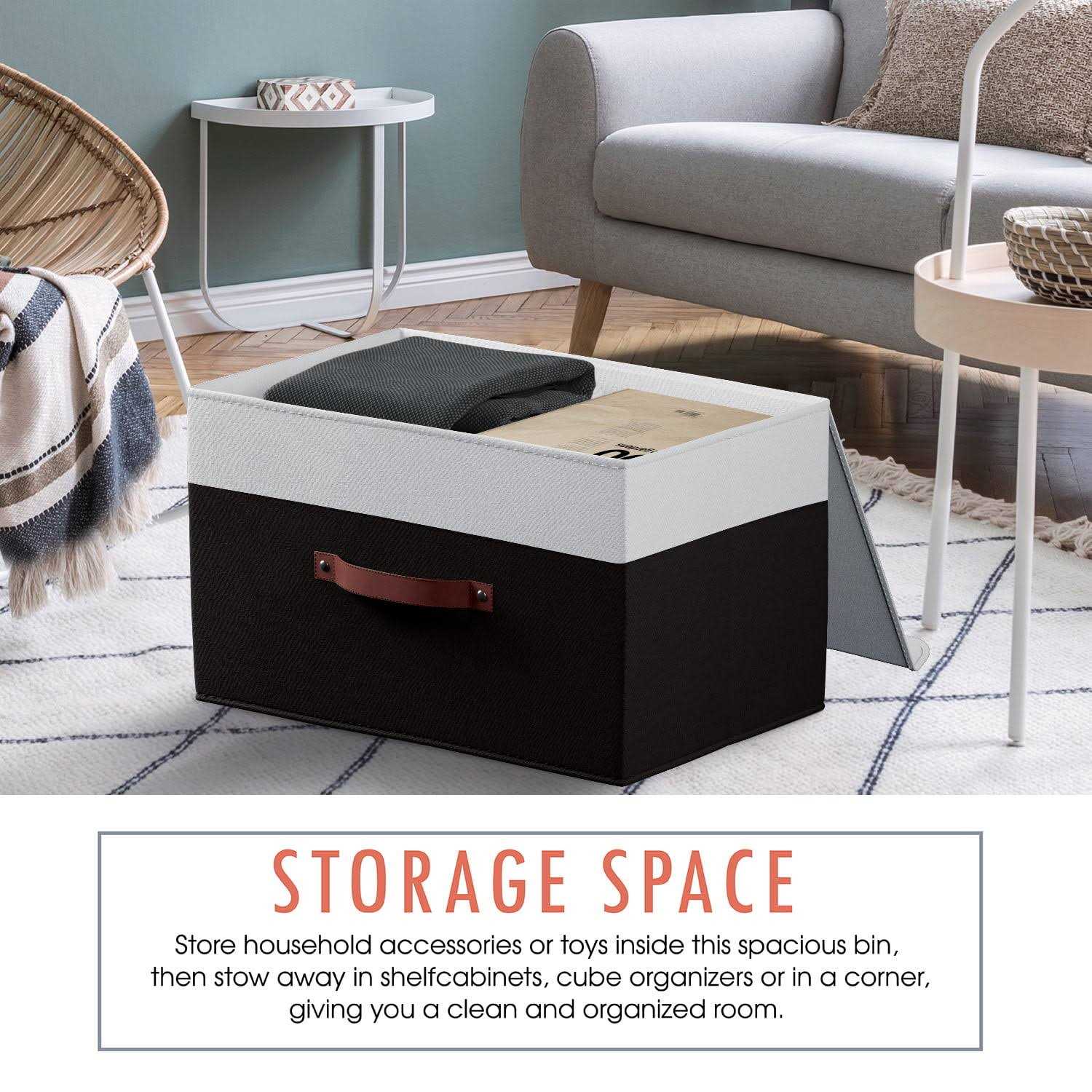 Ornavo Home Foldable Linen Large Storage Bin with Leather Handles and Lid - Image 3