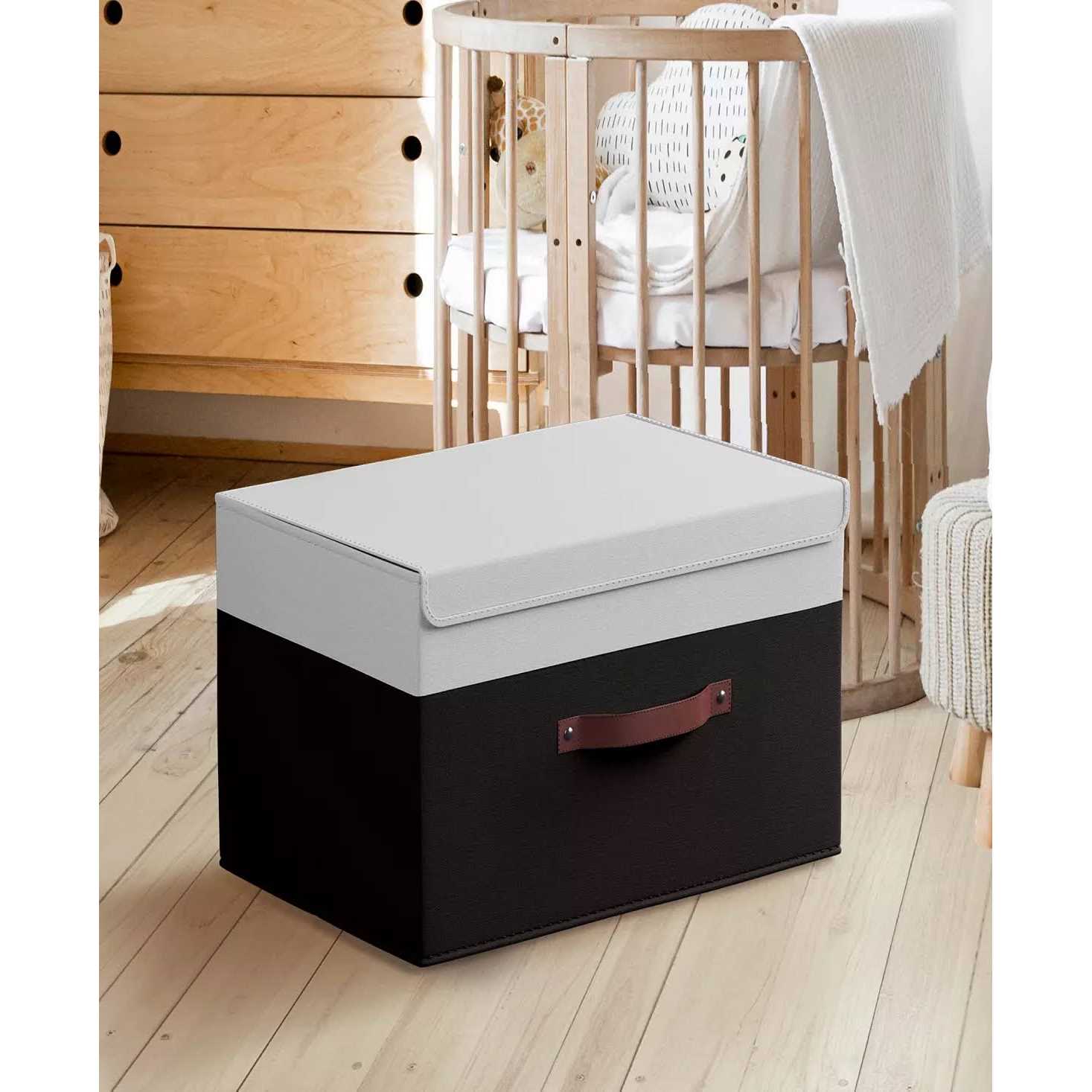Ornavo Home Foldable Linen Large Storage Bin with Leather Handles and Lid - Image 4