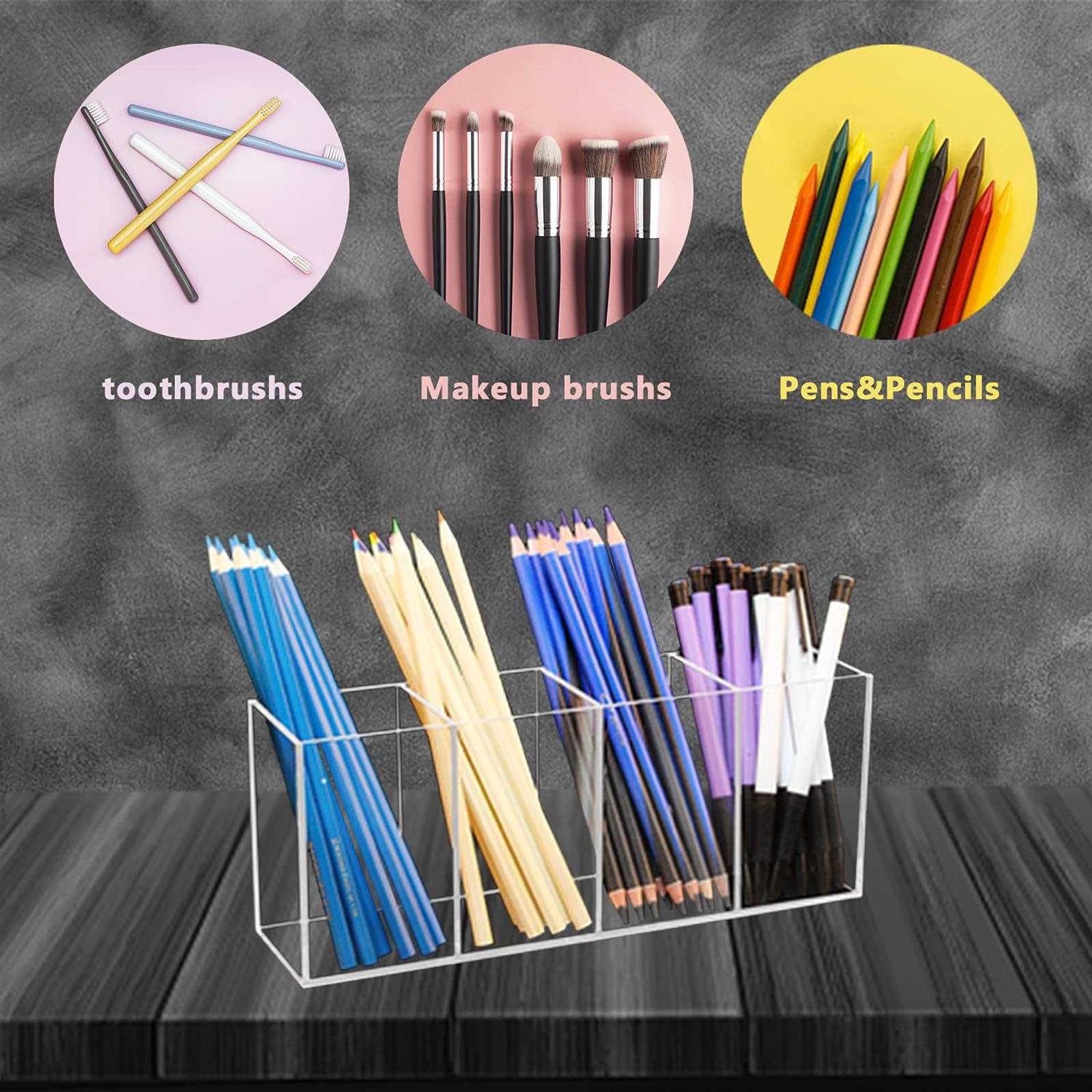 Qpey Acrylic Pen Holder 4 Compartments,Clear Pen Holder Organizer Makeup Brush Holder for Office Desk Accessories,Cosmetic Brush Storage Box,Dorm - Image 3