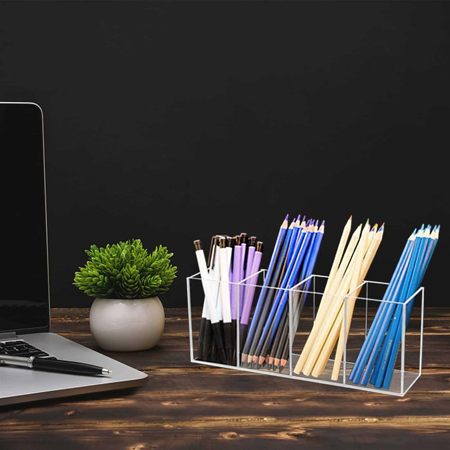 Qpey Acrylic Pen Holder 4 Compartments,Clear Pen Holder Organizer Makeup Brush Holder for Office Desk Accessories,Cosmetic Brush Storage Box,Dorm - Image 4