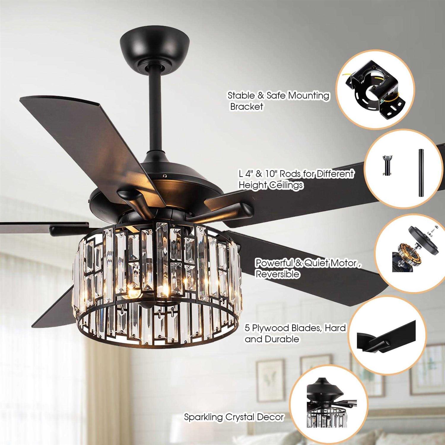Parrot Uncle 52 Dicken Modern Downrod Mount Reversible Crystal Ceiling Fan with Lighting and Remote Control - Image 2