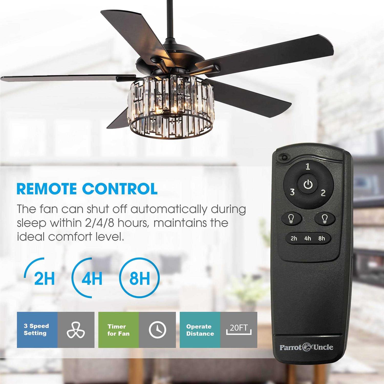 Parrot Uncle 52 Dicken Modern Downrod Mount Reversible Crystal Ceiling Fan with Lighting and Remote Control - Image 3